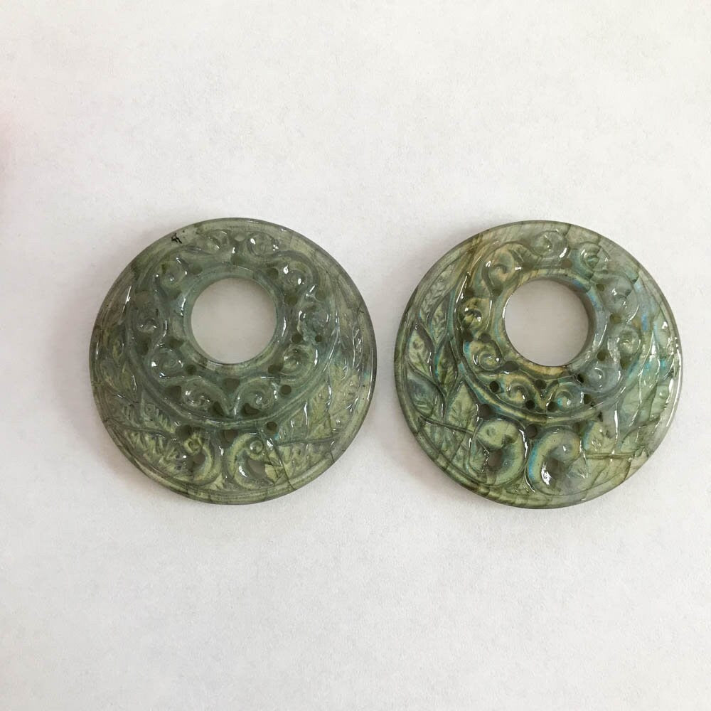 Labradorite Carving Pairs, Carved labradorite For Dangle Earring Set,40.50MM Round Labradorite Stone,Wonderful and most Creative Hand Carved