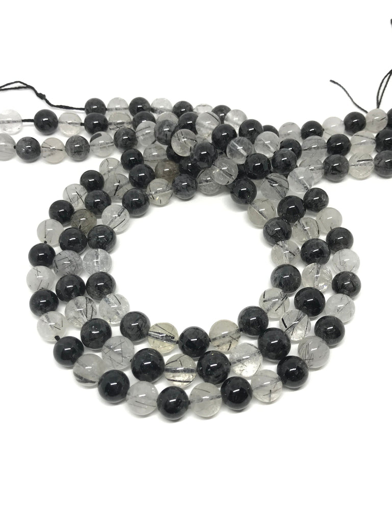 AAA Tourmalinated Quartz Roundale Beads, 8 mm,16 inch, Black & white,Creative self design of Black Turmaline (1043)