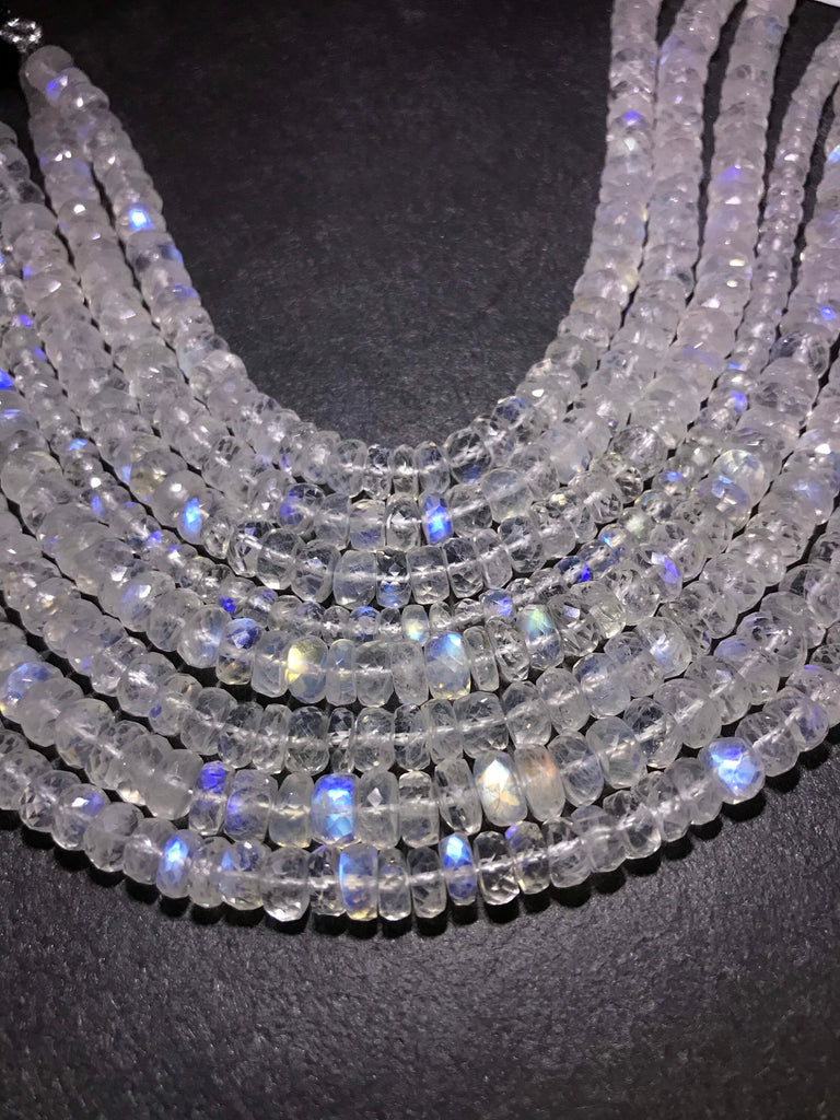 Rainbow Moonstone AAA Top Quality TIER shap 6.5 , 5.45 , 4.5 & 3.75 mm, 8 inches, strong blue flash/ fire on each bead 100% Natural (#1211)