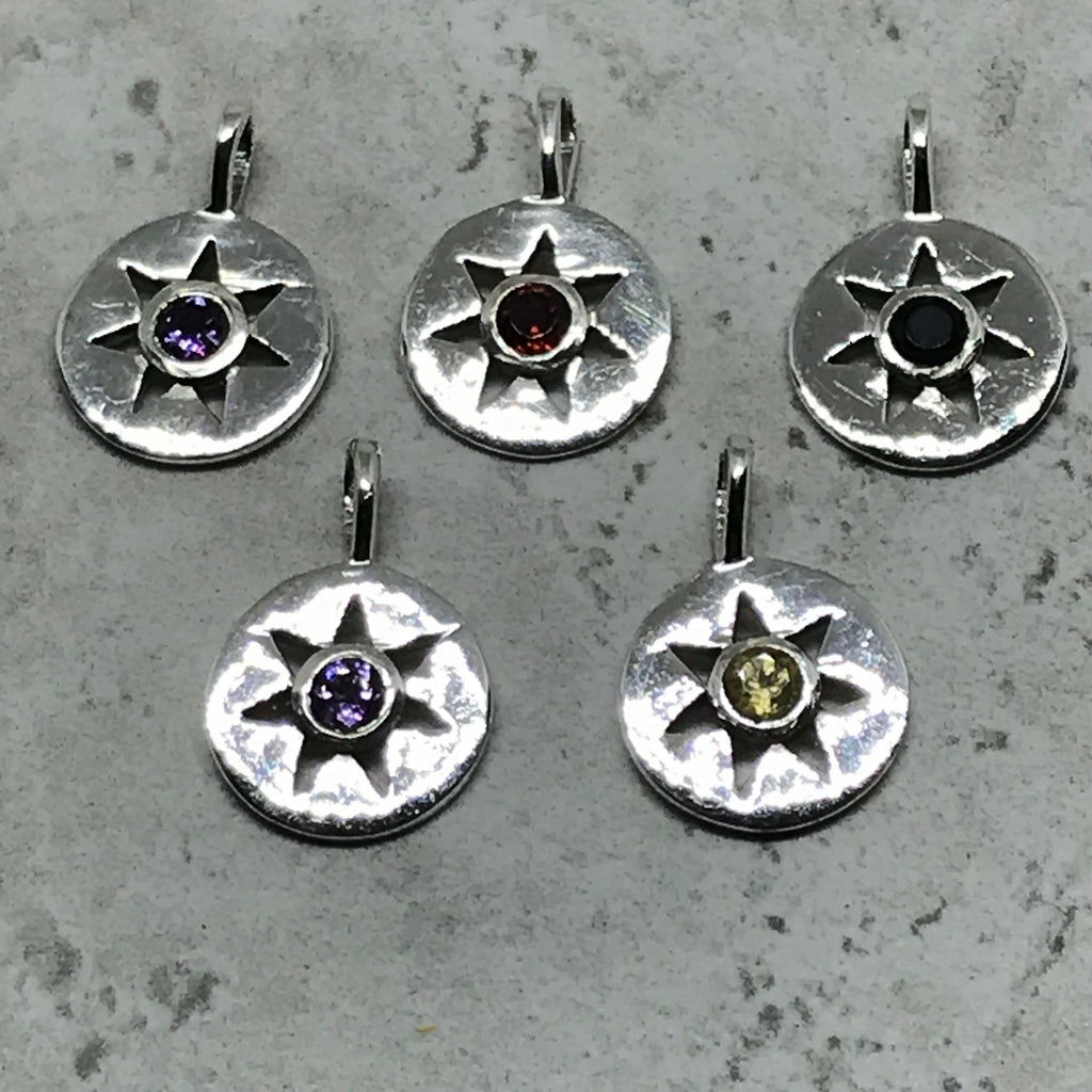Round and Star 5 Sterling Silver C. Z,Charm Pendant,Amethyst,Garnet,Citrinen,Black Spinel, with bail (AYS-JB-00105)