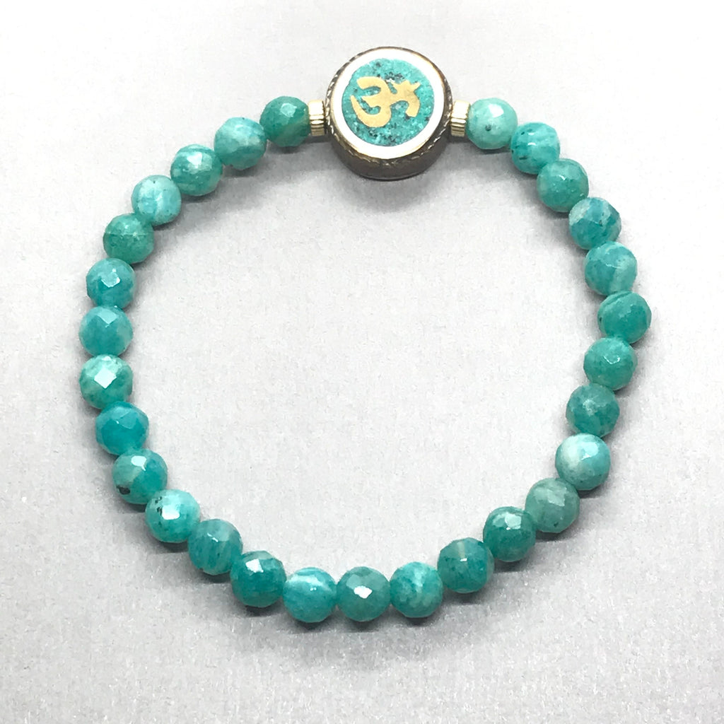 Amazonite Roundale Plain 6.5mm , 16 mm " OM" charm with 14 k gold filled Streach Bracelet creative. Beautiful N attractive color (Jb-0065)