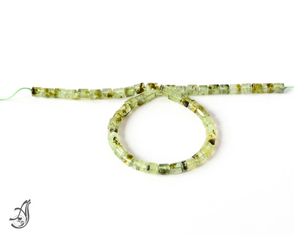 Preghnite Faceted Barrel shape 7x8 mm , Unusal 100% natural, creative patern of Dark green blackish flakes inside.