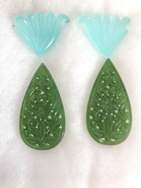 Natural Jade  Hand Carved Earing Set of 4 Pieces ,Green Jade & Blue Chelcedony,very creative,one of a kind,Optional to buy Either Ove(CB 130