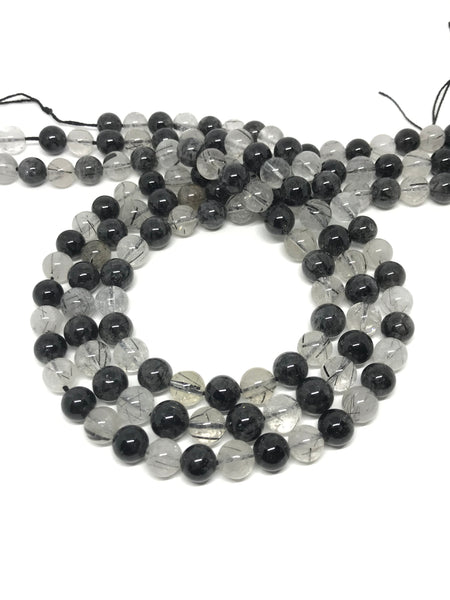AAA Turmalinated Quartz  Roundale Beads, 8 mm,16 inch, Black & white,Creative self design of Black Turmaline (1043)