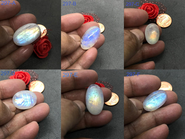 Rainbow Moonstone oval shape Cabochon AAA quality 6 Various Size A to F, Best Blue shine with patterns/designs,100% Natural( CB -297 A to F)