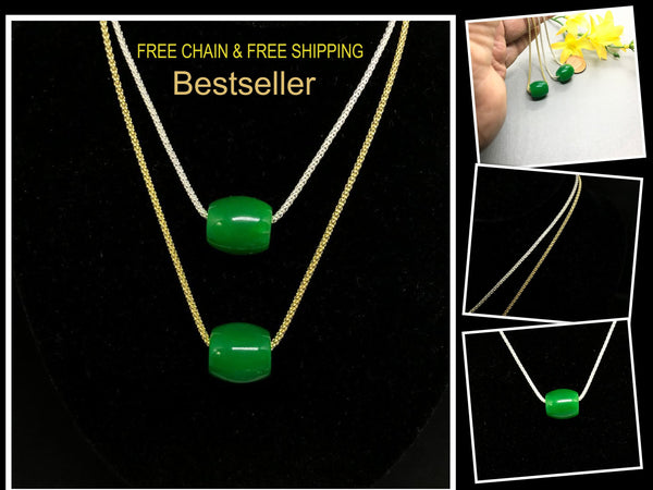 Free chain with Green Jade Pendant, with Italian Sterling silver Fope / Popcorn chain ,Silver or Gold 14x13 mm best Gift for all occaision