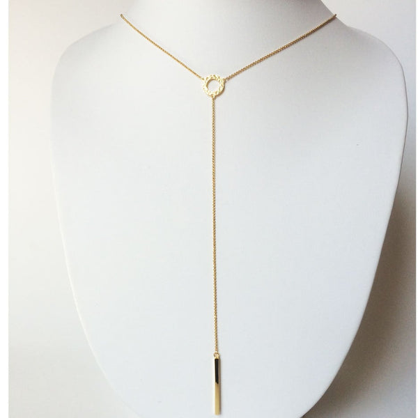 Sterling Silver Y vertical Bar N Circle ,Chain Necklace,Adjustable Length,Rich& famous Look,14 k Gold over silver,Larita Y necklace