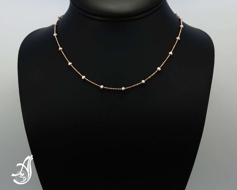 Rose & White Sterling Silver Bead Station Necklace, Italian Chain