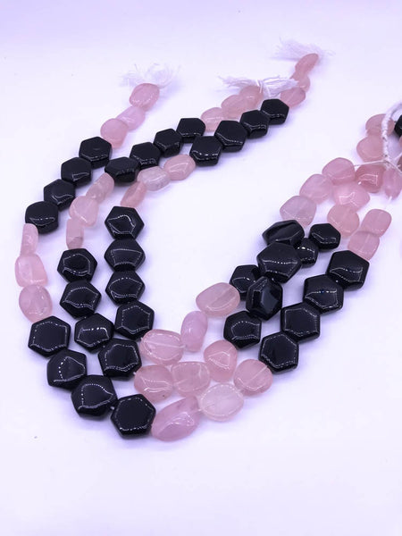 Chelcedony - Black Onex Zegonal And Rose Quartz Tumble, 15x15 to 17x17 mm Combeination , Creative & different. ( #1004)