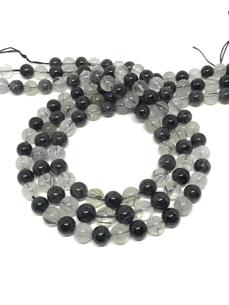 AAA Tourmalinated Quartz Roundale Beads, 8 mm,16 inch, Black & white,Creative self design of Black Turmaline (1043)