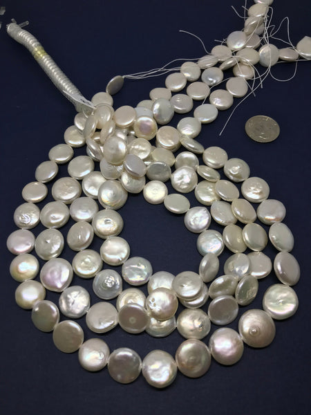 Natural Fresh water Coin Pearl, white Cream , 13 mm appx., 16 inch, fine luster , Beautiful & Creative ( AYS-00020PRL-A) )