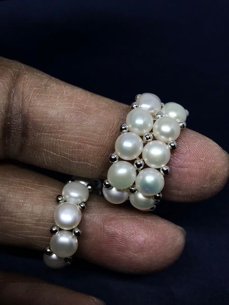 Beautiful White Pearl Ring ,On elastic thread, 100% Natural , 8 to 11 One size fits brilliantly to all. StackableAl around finger (JB-0088)