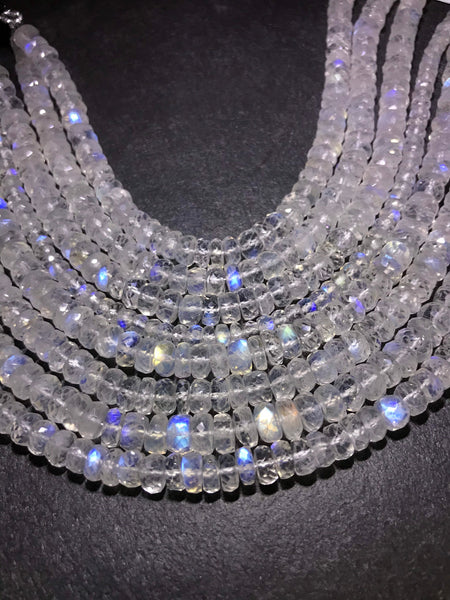 Rainbow Moonstone AAA Top Quality TIER shap 6.5 , 5.45 , 4.5 & 3.75 mm, 8 inches, strong blue flash/ fire on each bead 100% Natural (#1211)