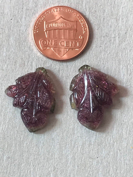 AAA Natural Tourmaline Carving, 22X17MM Beautiful Leaf Tourmaline Pairs, Watermelon Pink Gemstone For Earring, Pck 2 Pcs (#G00091)