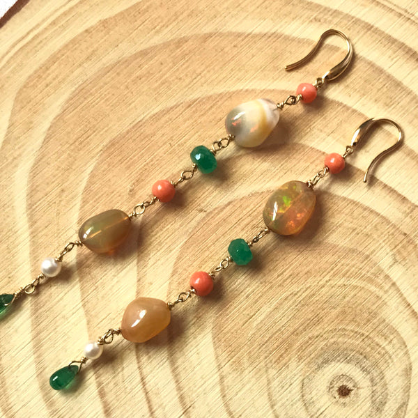 Opal Earring, 14k Solid Gold Earring, Fire Opal Gold jewelry, Earth mined Ethiopian opal dangle Earring, Long Earring, Anniversary Gift