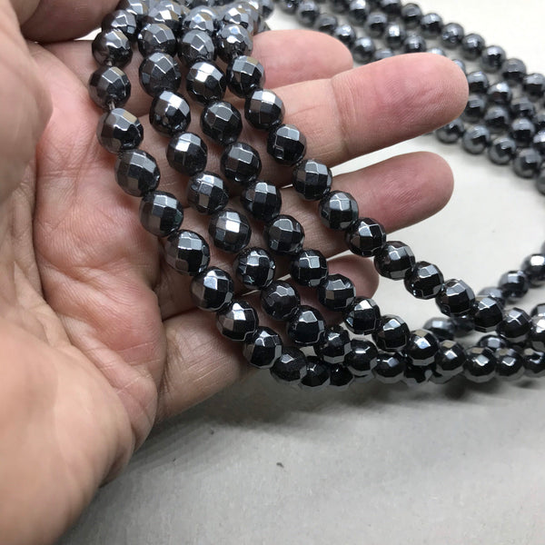 8mm Natural Hematite Bead, Hematite Round Bead, Black Hematite Faceted Bead Necklace, Gift For Women, ( #1276-1275-1274)