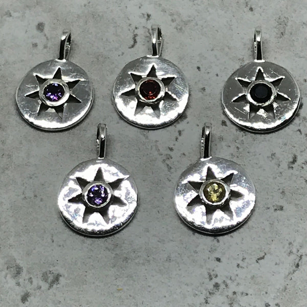 Round and Star 5 Sterling Silver C. Z,Charm Pendant,Amethyst,Garnet,Citrinen,Black Spinel, with bail (AYS-JB-00105)