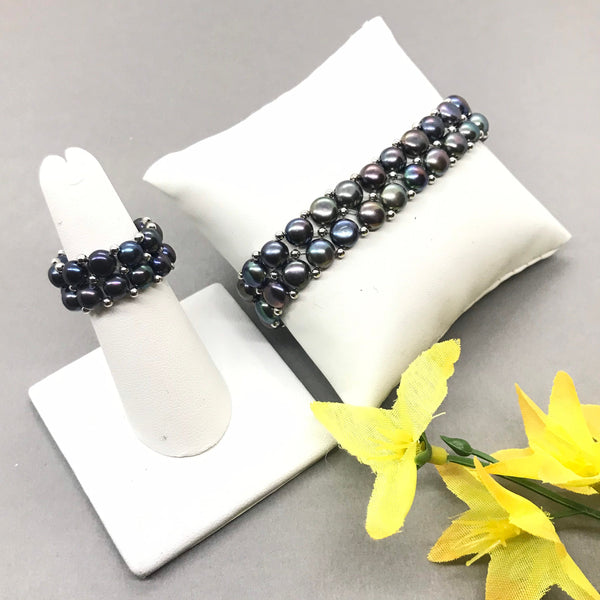 Black Pearl Bracelet N Ring ,On stretch thread, 100% Natural , Expandable fit to all , One size fits to all.,Silver Beads #JB-130