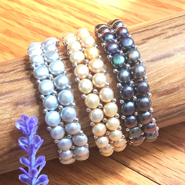 Natural Pear 2 Row stretch Bracelet,3 Colors, Black-Peach & Gray 6.5 mm, Fit to all sterling silver spacer beads fine luster (JB-00131 )