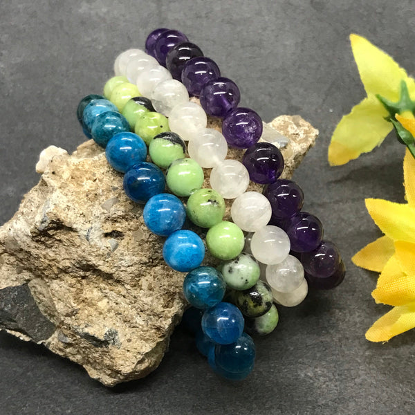 Bracelets -Blue Appitite, Chrisoprase,Rainbow moonstone, Amethyst ,Stretchable thread, 8 mm, healing and energy #JB 136