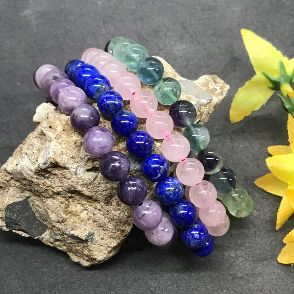 Natural Lapis/Fluorite/Rose Quartz/Lepidolite Bracelets, 8mm Stretchable Beaded Bracelets, Healing and Energy Bracelet#JB 135