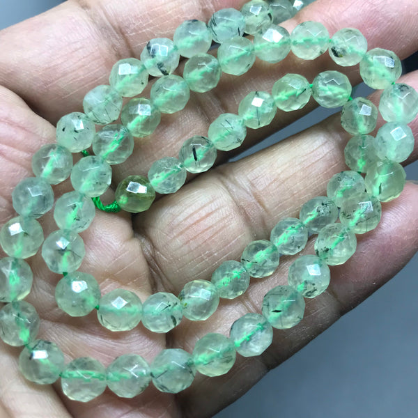 Prehnite Round Faceted 6mm 16 inch ,100% natural, creative patern of Dark green blackish flakes inside.