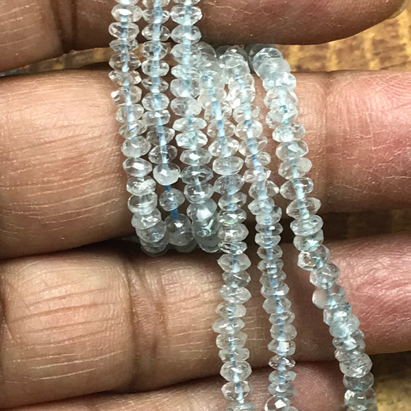 Natural Aquamarine Beads, 3.4mm to 4mm Rondelle Aquamarine Bead Necklace, 14 Inch Strand March Birthstone For Jewelry Making # 107