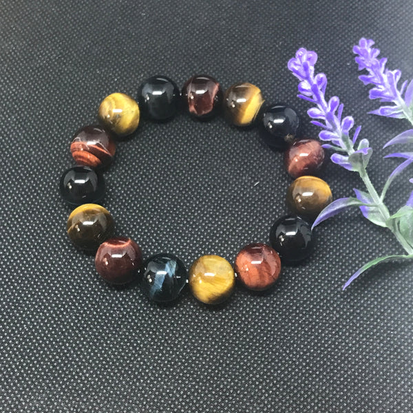 Three color Tiger Eye Bracelet(Yellow-Red-Black) 11mm .One of a kind, AAA Qty.Ready to wear,Healing Properties (JB-0055)