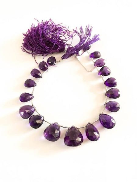 Genuine Amethyst Briolette, Amethyst Beaded Necklace, Briolette Faceted African Amethyst 7x8 To 13x15mm, Gift For Women, 8.5 Inch Strand