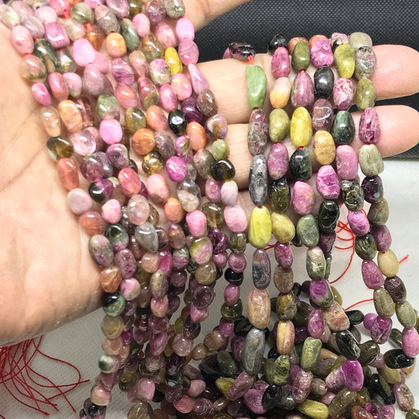 Natural tourmaline Beads, 8x6 & 6x10mm Nuggets Tourmaline cabochons Bead Necklace, Multi Color Tourmaline Stone Beaded Jewelry For Woman