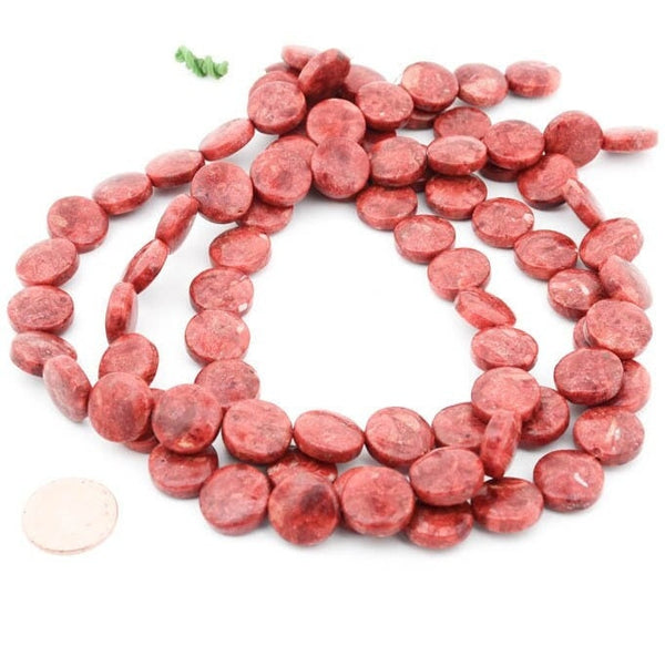natural Coral Beads, 12mm Coin Shape Red Sponge Coral Beaded Necklace, 15.5" Loose Coral bead Strand For Jewelry making (# 00519)