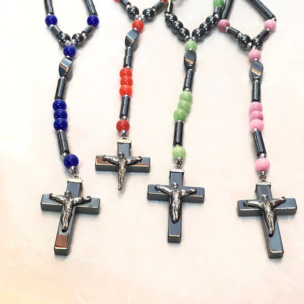 Natural Hematite Necklace, Green/Blue/Pink/Orange Hematite Cross Necklace For man/Women, Cross and Fiber optic Beads, 30 Inch's(JB-0096)