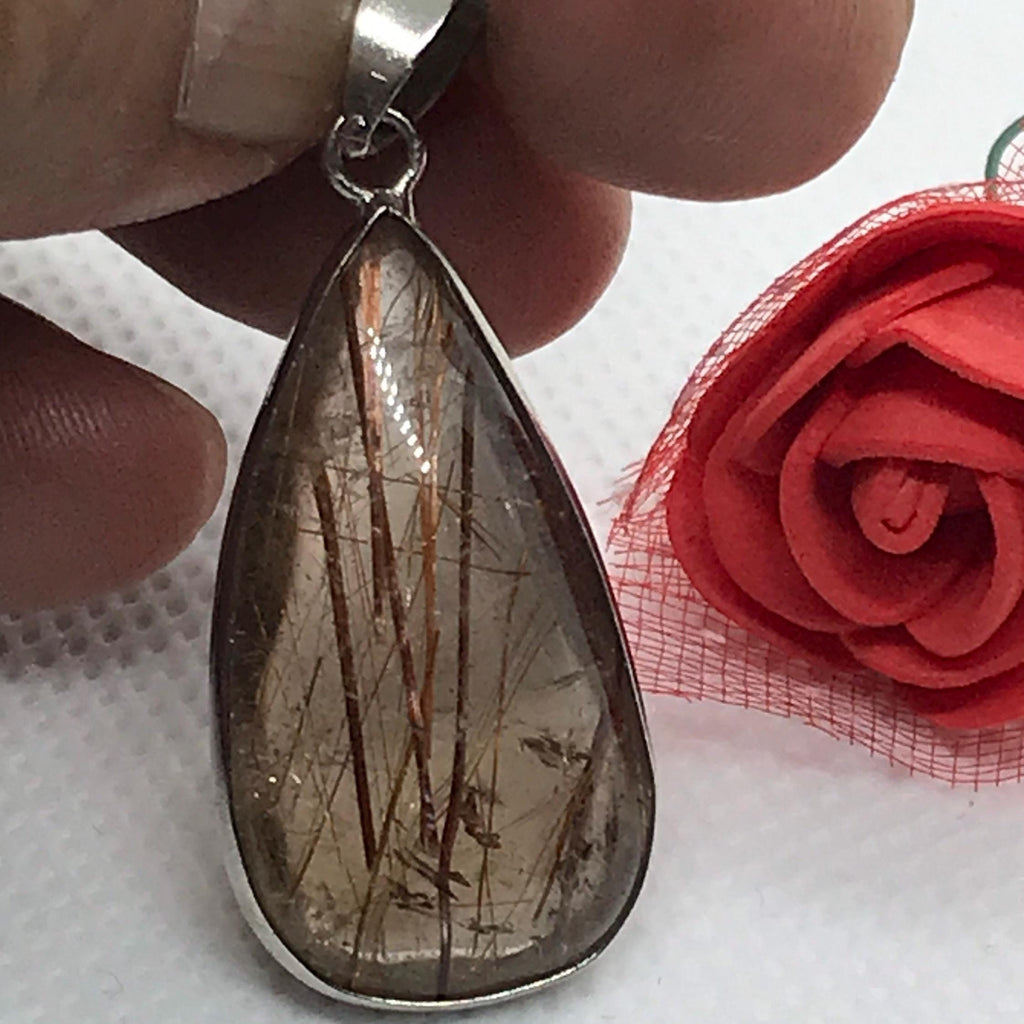 Natural Quartz Pendant, 13x15mm Pear cut Quartz cabochons, 925 Sterling Silver Rutilated Quartz Jewelry, Gift For WOmen (#AYS-JB-0094)