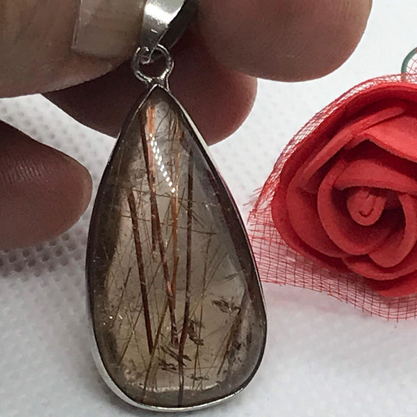 Natural Quartz Pendant, 13x15mm Pear cut Quartz cabochons, 925 Sterling Silver Rutilated Quartz Jewelry, Gift For WOmen (#AYS-JB-0094)