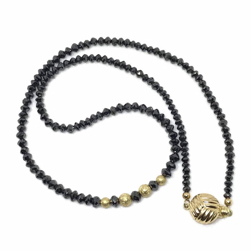 Natural Black Diamond Bead Necklace, 14k Gold Clasp, 4mm to 4.5mm Checker cut Rondelle Gemstone Beads, 18 inch Strand Bead, Gift For woman