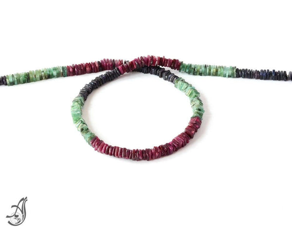 Emerald, Ruby, Sapphire Bead Necklace, 100% Genuine Multi Gemstone 14 Inch Bead Strand, Very rare One of a Kind Jewelry, Gift For Woman