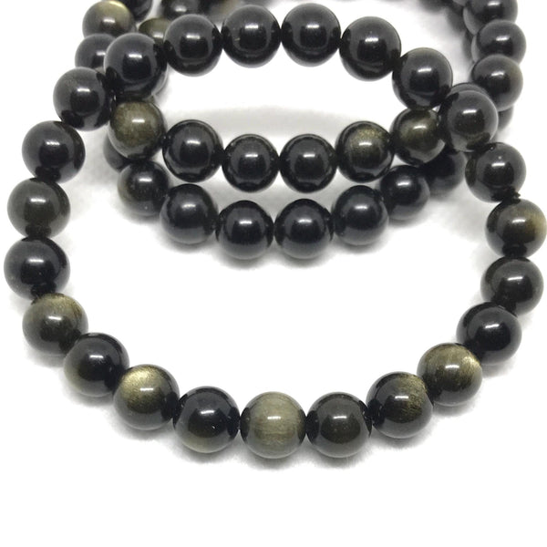 Natural Black Obsidian Bracelet, 8mm Round Black Gemstone Stretchable Bracelet, Smooth Protection Healing Stone Unisex Bracelet (JB-0074)