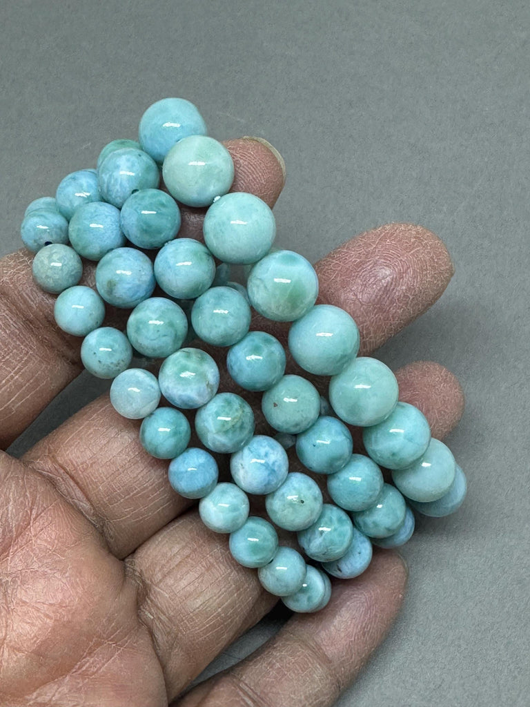 Genuine Larimar Bracelet, 7 to 10 mm Round Larimar Beaded Bracelet, Healing Larimar Bracelet, Stretchable & Durable Bracelet For Men JB-142