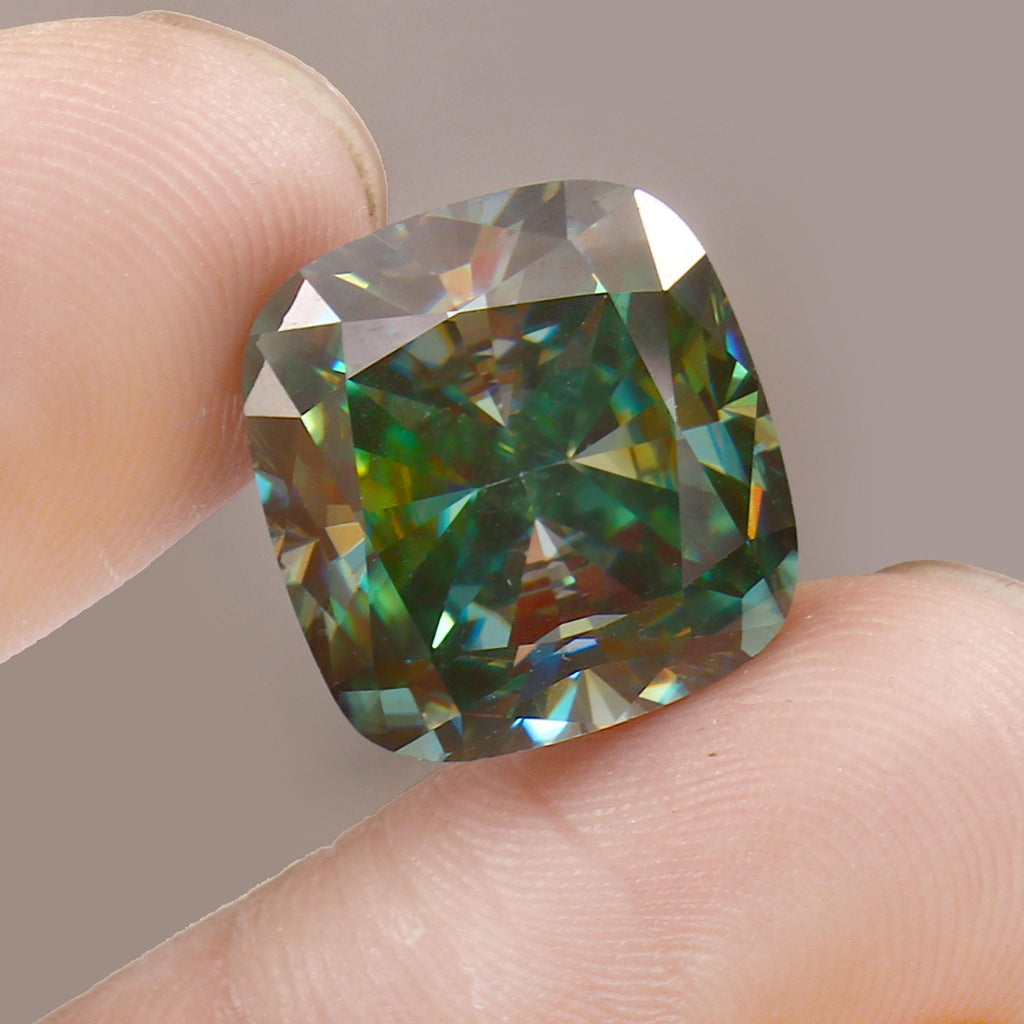 12ct Green Moissanite, Cushion cut 15x14x7.5mm Loose Big Moissanite Green Gemstone for Engagement Rings or Pendant Custom Jewelry Making