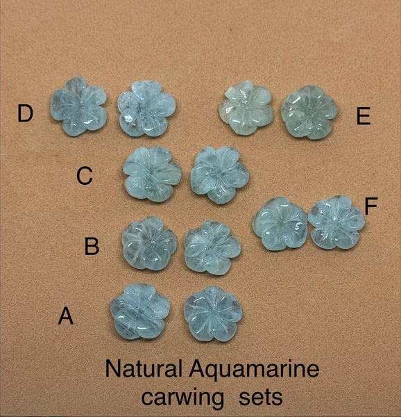 Carved Aquamarine Flower Pair, 18mm Gemstone Beads, March Birthstone