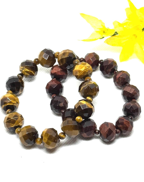 Exceptional Red & Yellow Tiger eye Bracelet, 15mm Round Faceted , Gemstone Adjustable Bracelet