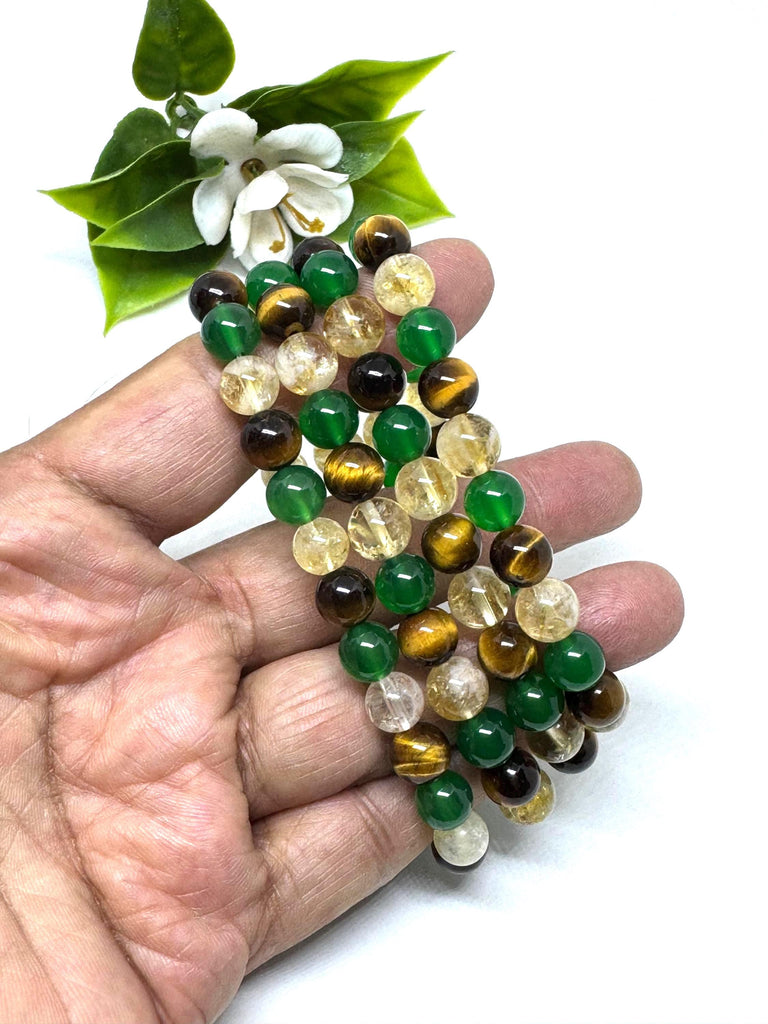 Exceptional green jade & Yellow Tiger eye ,Rutilated Qtz Bracelet, 8 mm , Gemstone Adjustable length Bracelet