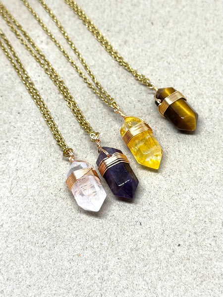 Pendant Natural White Quartz, Citrine, Tiger eye, Aventurine, Double Terminated ,gift For women ,adjustable length with chain.Charm necklace
