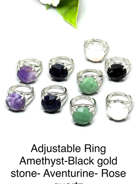 Adjustable Fit to All Ring-Amethyst- Aventurine-Rose Quart , Black Gold stone Ring, Multi Color, Ring For Women