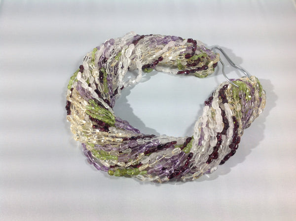 Multi stone,Peridot,garnet,Rose Quartz,Amethyst, Oval plain Necklace 38inch, 100% Natural,Overhead wearable.