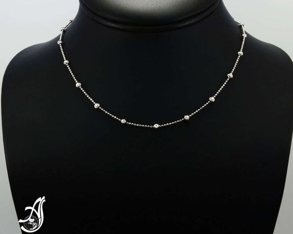 925 Sterling Siver  chain Necklace,station Round Ball Bead 2mm, Rhodium on, Italian,Untarnishing.Various lengths
