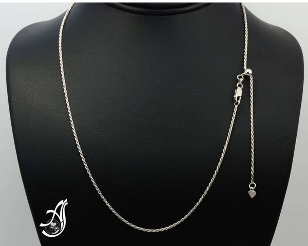 Solid Sterling Silver 1.4 mm appx. Rope Chain, Rhodium Plated Adjustable 14 to 22" Nickle free and Nontarnishing,All in one length