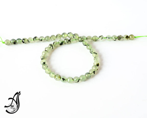 Prehnite Round Faceted 8mm 16 inch ,100% natural, creative patern of Dark green blackish flakes inside.