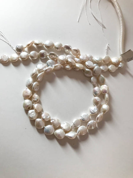 Natural Fresh water Coin Pearl, white Cream ,  9 mm appx., 16 inch, fine luster , Beautiful & Creative  ( AZ) )