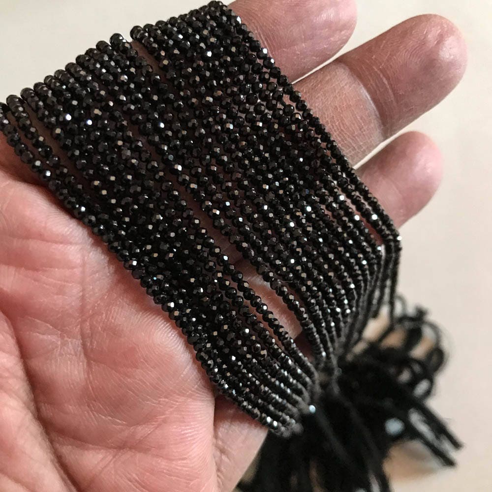 Black Spinel Bead Necklace, Micro Natural Black Spinel Bead, Round Faceted Black Spinel Jewelry, Black Gemstone, 14 Inch Strand Bead